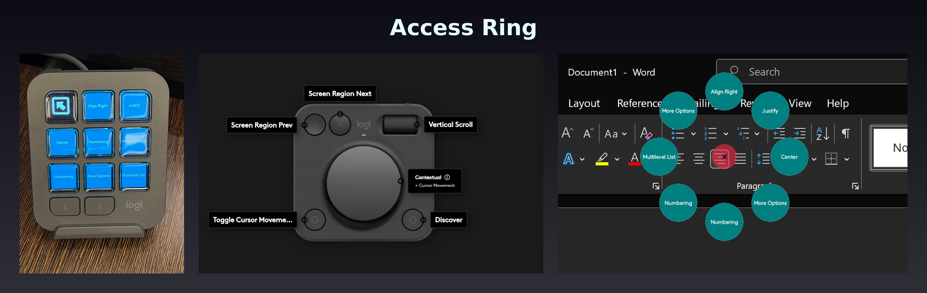 buttons on keypad displaying clickable elements from MS Word, Dialpad showing the text assigned to the buttons and actions ring showing the clickable elements from MS Word